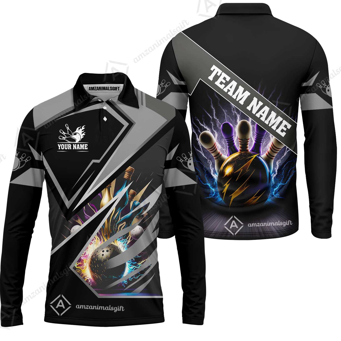 Customized Bowling Jersey Shirt, Bowling And Pins Premium Multicolor Option Customized Name And Team Zipper Polo Jerseys Shirts