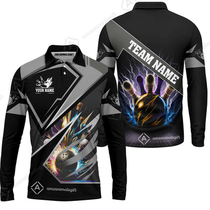 Customized Bowling Jersey Shirt, Bowling And Pins Premium Multicolor Option Customized Name And Team Zipper Polo Jerseys Shirts