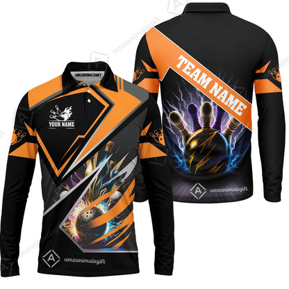 Customized Bowling Jersey Shirt, Bowling And Pins Premium Multicolor Option Customized Name And Team Zipper Polo Jerseys Shirts