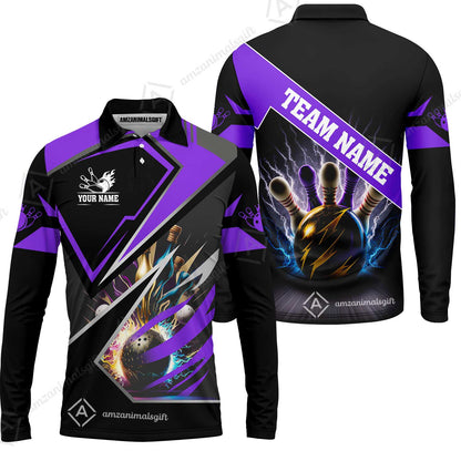 Customized Bowling Jersey Shirt, Bowling And Pins Premium Multicolor Option Customized Name And Team Zipper Polo Jerseys Shirts
