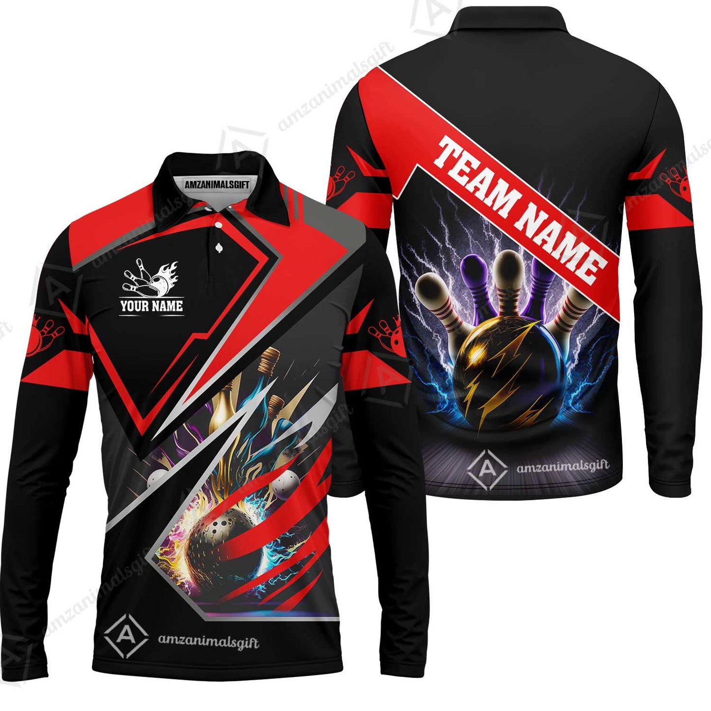 Customized Bowling Jersey Shirt, Bowling And Pins Premium Multicolor Option Customized Name And Team Zipper Polo Jerseys Shirts