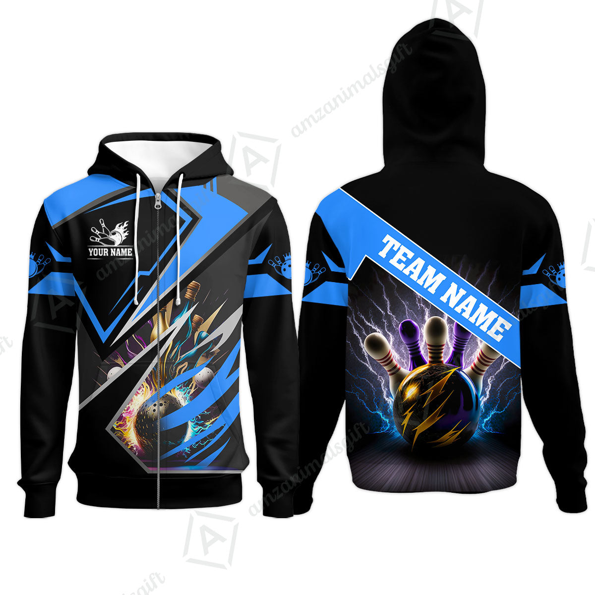 Customized Bowling Jersey Shirt, Bowling And Pins Premium Multicolor Option Customized Name And Team Zipper Polo Jerseys Shirts