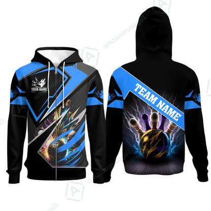 Customized Bowling Jersey Shirt, Bowling And Pins Premium Multicolor Option Customized Name And Team Zipper Polo Jerseys Shirts