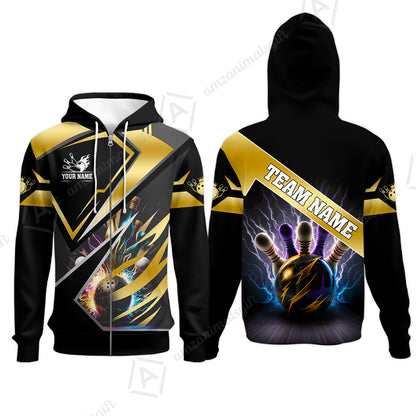 Customized Bowling Jersey Shirt, Bowling And Pins Premium Multicolor Option Customized Name And Team Zipper Polo Jerseys Shirts