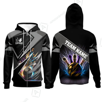 Customized Bowling Jersey Shirt, Bowling And Pins Premium Multicolor Option Customized Name And Team Zipper Polo Jerseys Shirts