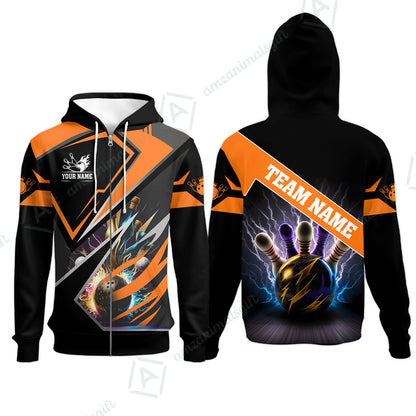 Customized Bowling Jersey Shirt, Bowling And Pins Premium Multicolor Option Customized Name And Team Zipper Polo Jerseys Shirts