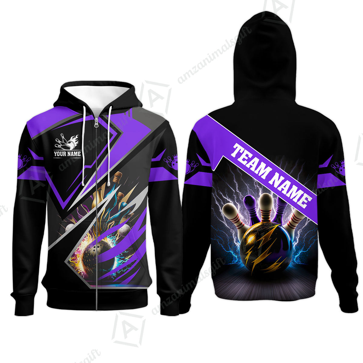 Customized Bowling Jersey Shirt, Bowling And Pins Premium Multicolor Option Customized Name And Team Zipper Polo Jerseys Shirts