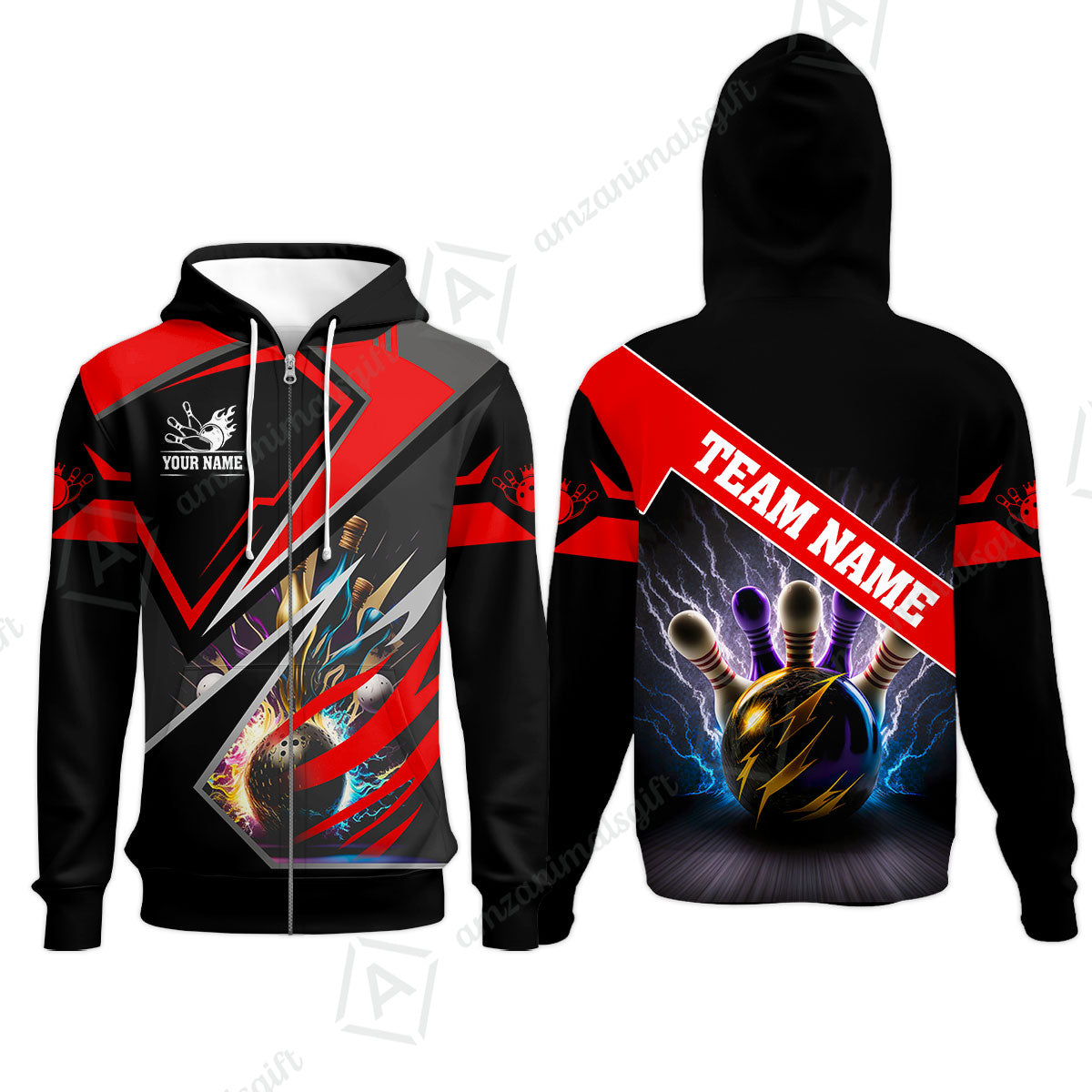 Customized Bowling Jersey Shirt, Bowling And Pins Premium Multicolor Option Customized Name And Team Zipper Polo Jerseys Shirts