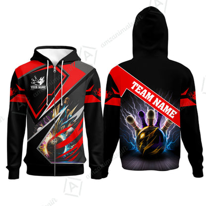 Customized Bowling Jersey Shirt, Bowling And Pins Premium Multicolor Option Customized Name And Team Zipper Polo Jerseys Shirts