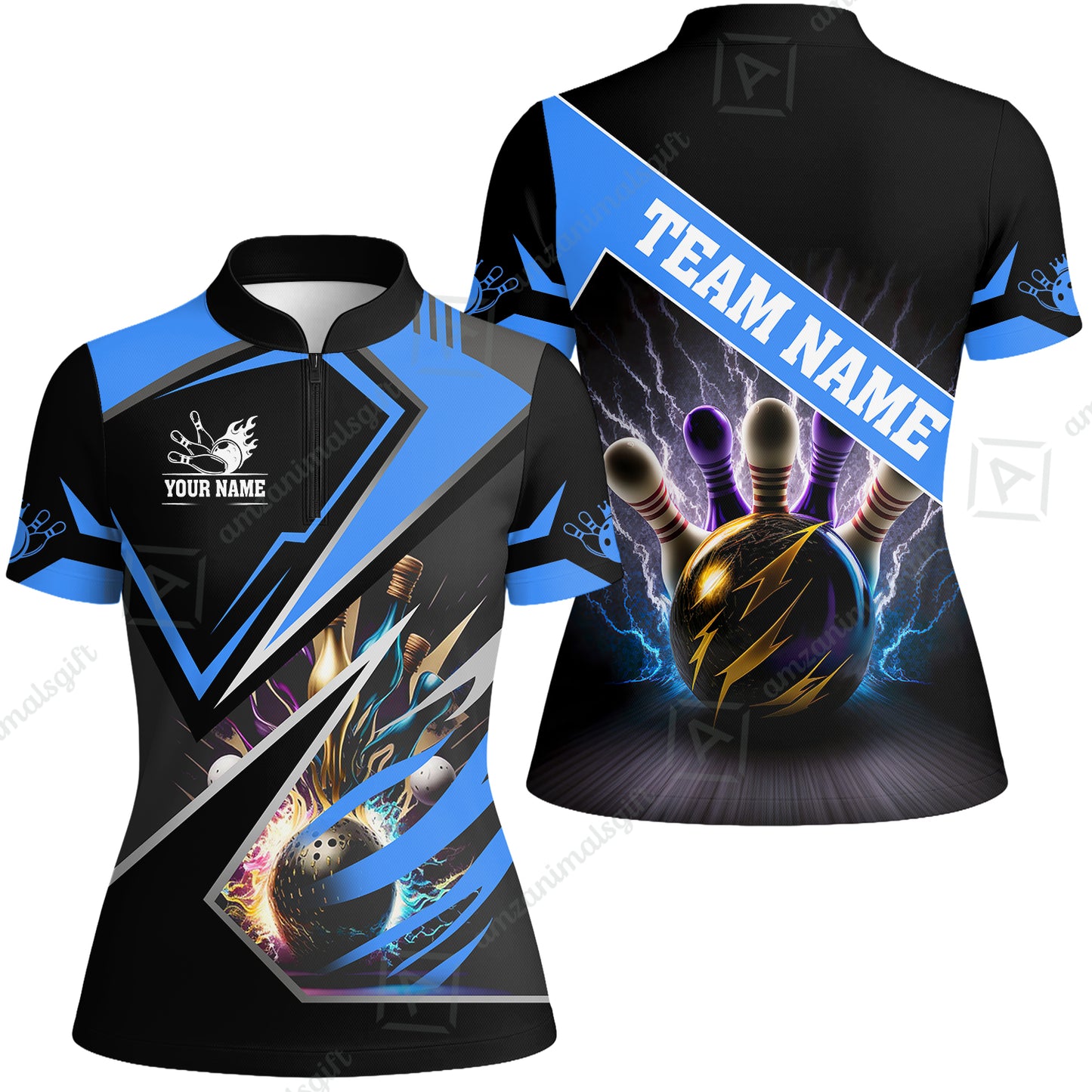 Customized Bowling Jersey Shirt, Bowling And Pins Premium Multicolor Option Customized Name And Team Zipper Polo Jerseys Shirts
