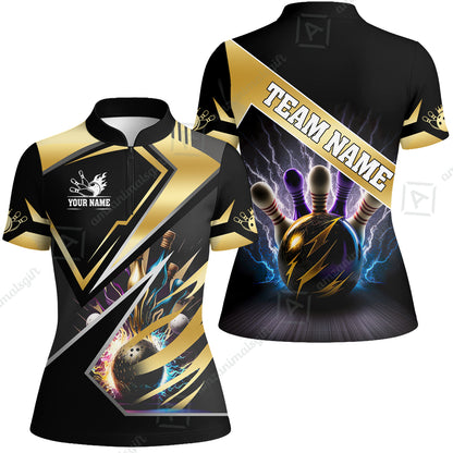 Customized Bowling Jersey Shirt, Bowling And Pins Premium Multicolor Option Customized Name And Team Zipper Polo Jerseys Shirts