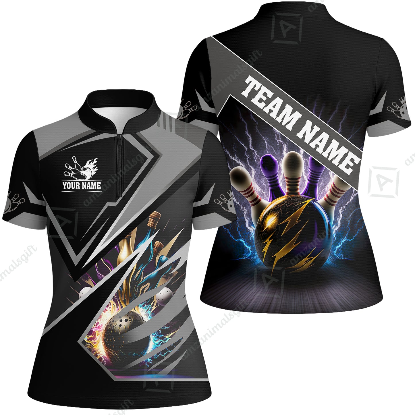 Customized Bowling Jersey Shirt, Bowling And Pins Premium Multicolor Option Customized Name And Team Zipper Polo Jerseys Shirts