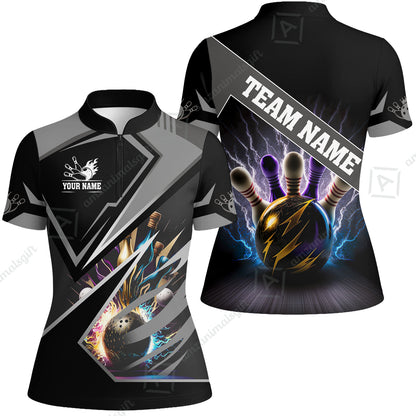 Customized Bowling Jersey Shirt, Bowling And Pins Premium Multicolor Option Customized Name And Team Zipper Polo Jerseys Shirts