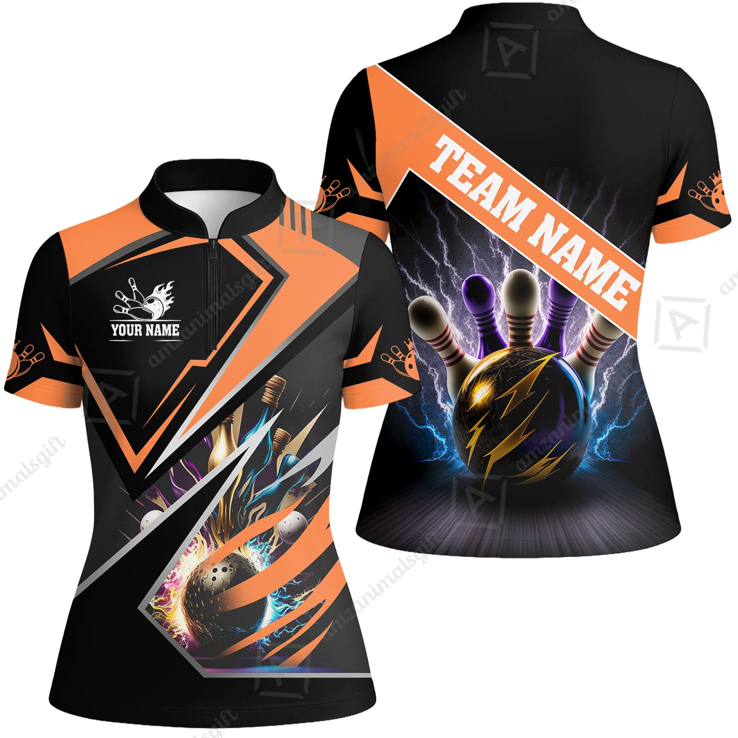 Customized Bowling Jersey Shirt, Bowling And Pins Premium Multicolor Option Customized Name And Team Zipper Polo Jerseys Shirts