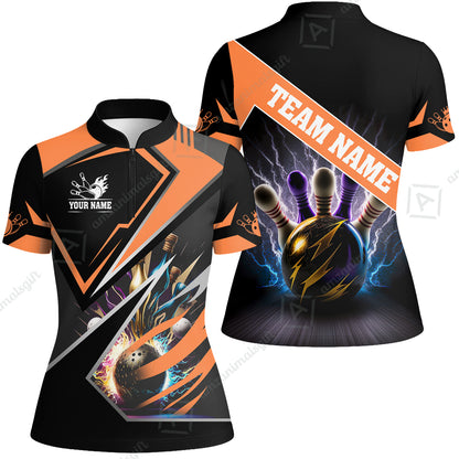 Customized Bowling Jersey Shirt, Bowling And Pins Premium Multicolor Option Customized Name And Team Zipper Polo Jerseys Shirts