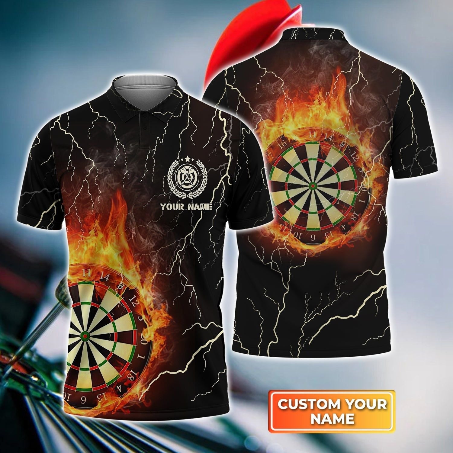 Darts Custom Name Men Polo Shirt, Flame Thunder Lightning Personalized Men Polo Shirt Gift For Darts Lovers, Friend, Team, Darts Player