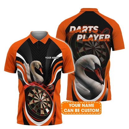 Swan And Darts Custom Name Men Polo Shirt, Orange Bullseye Dartboard Personalized Men Polo Shirt Gift For Darts Lovers, Friends, Team Player