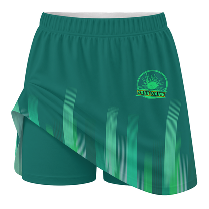 Personalized Green Stripes Lights Trouser Skirts With Shorts Underneath, Bowling Skorts With Pockets