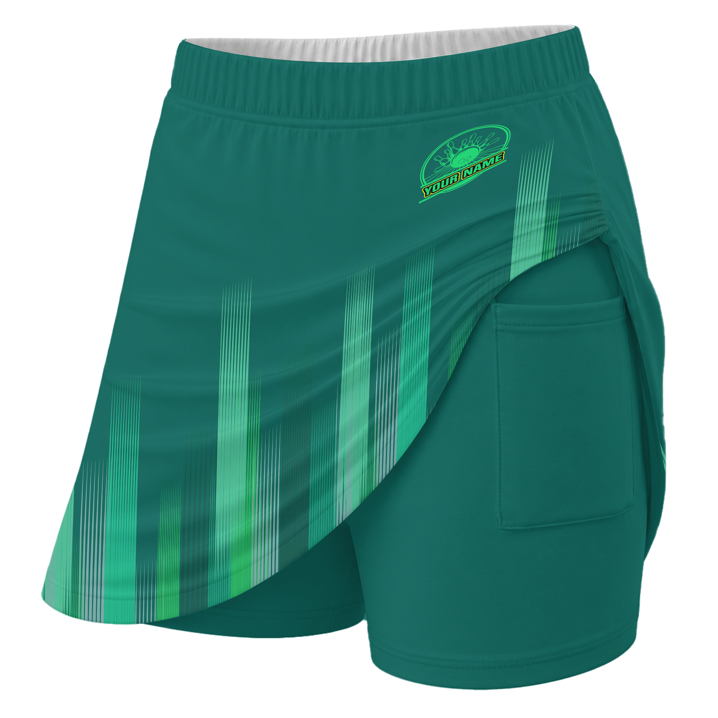 Personalized Green Stripes Lights Trouser Skirts With Shorts Underneath, Bowling Skorts With Pockets
