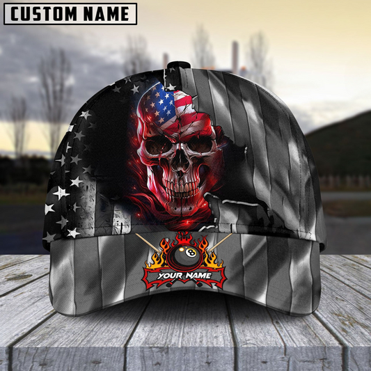 Customized Billiard Cap, Billiard Pool Ball 8 American Skull Metal Art  Personalized Name 3D Hats, Best Billiard Pool Hat For Billiard Players