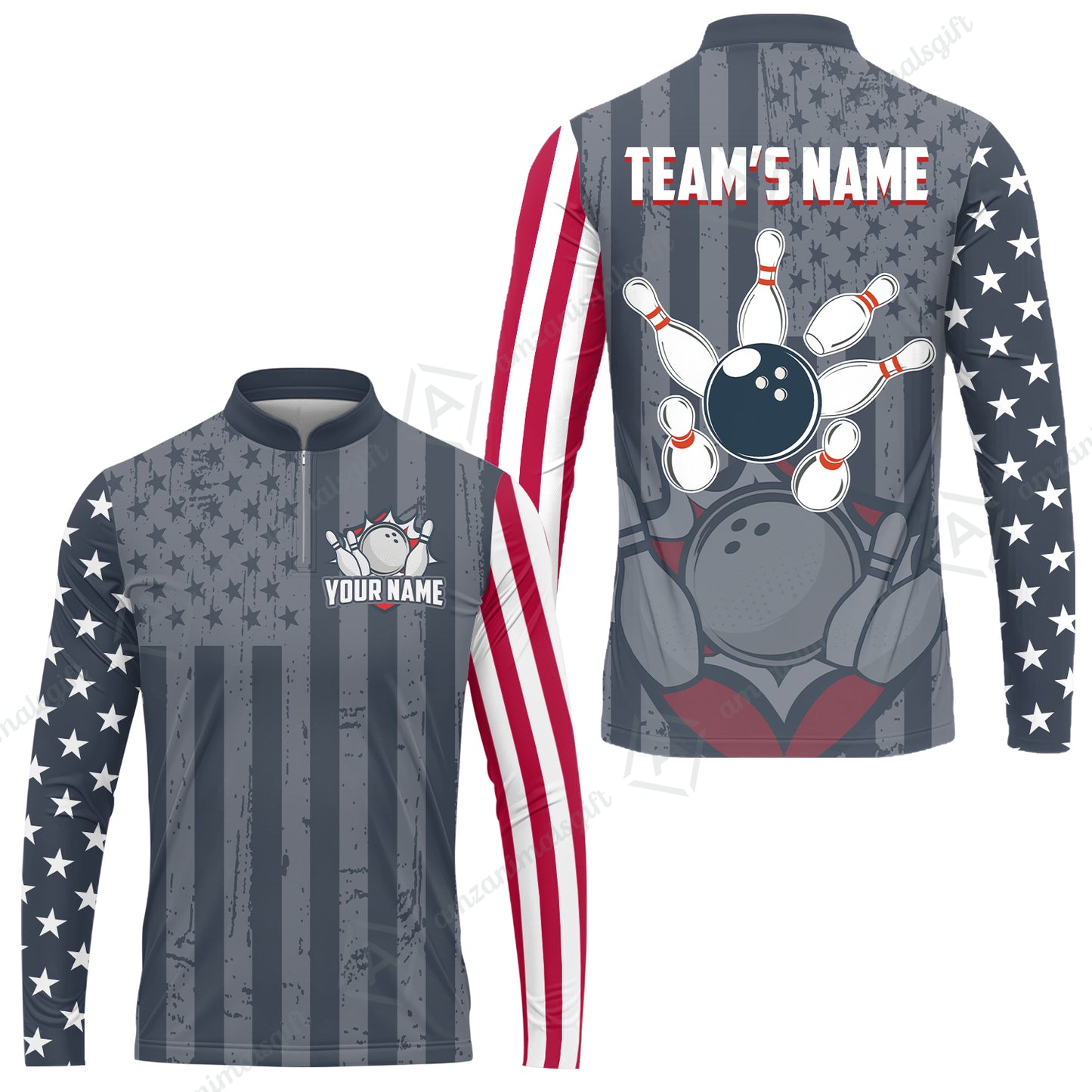 Customized Bowling Jersey Quarter-Zip Stand Collar Shirt, Bowling USA Flag Pattern Team Shirt For Men Women Bowlers