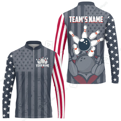 Customized Bowling Jersey Quarter-Zip Stand Collar Shirt, Bowling USA Flag Pattern Team Shirt For Men Women Bowlers