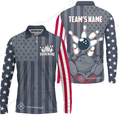Customized Bowling Jersey Quarter-Zip Stand Collar Shirt, Bowling USA Flag Pattern Team Shirt For Men Women Bowlers