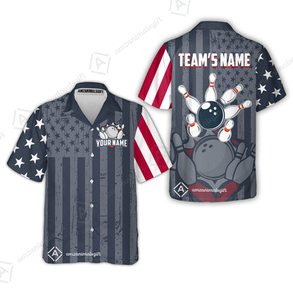 Customized Bowling Jersey Quarter-Zip Stand Collar Shirt, Bowling USA Flag Pattern Team Shirt For Men Women Bowlers