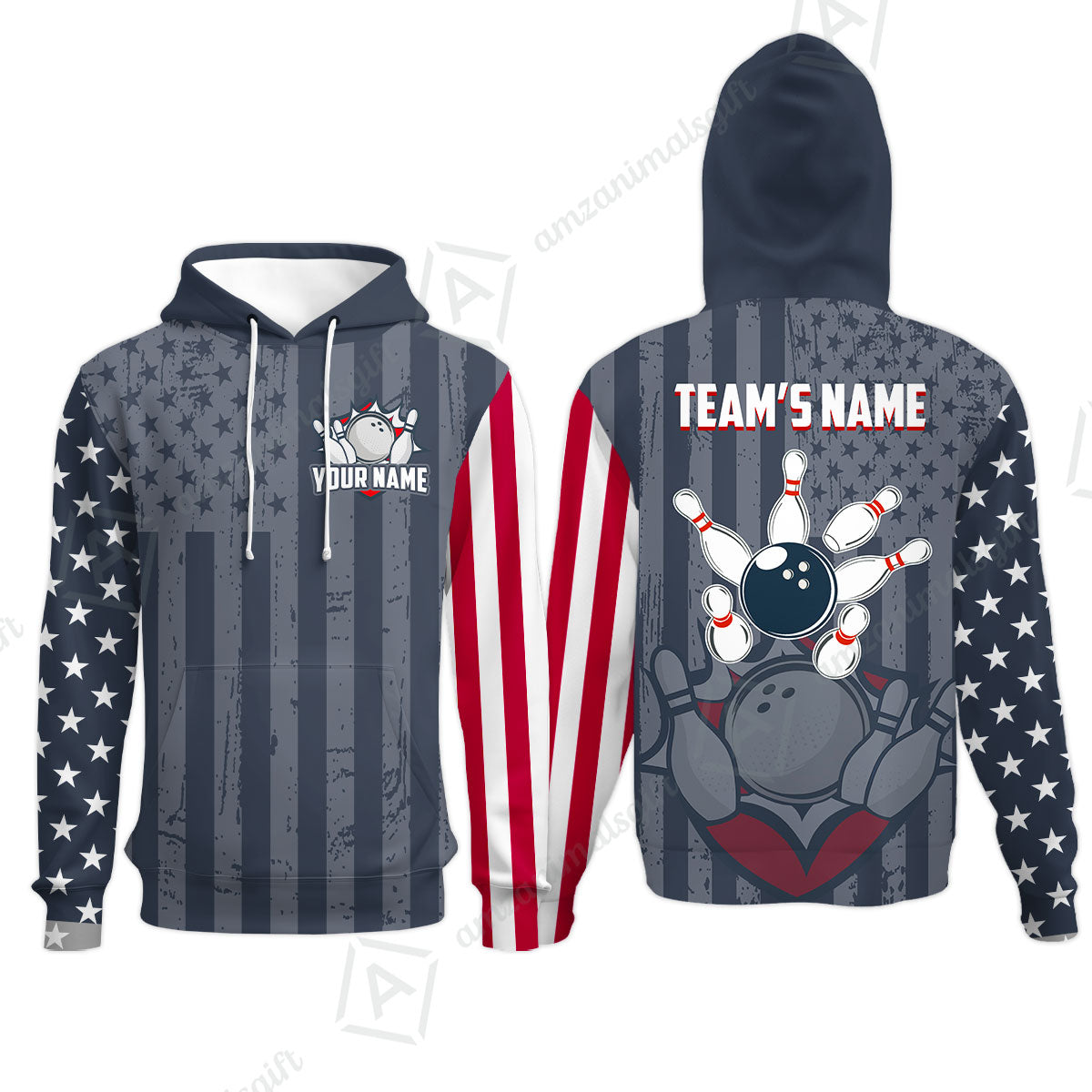 Customized Bowling Jersey Quarter-Zip Stand Collar Shirt, Bowling USA Flag Pattern Team Shirt For Men Women Bowlers