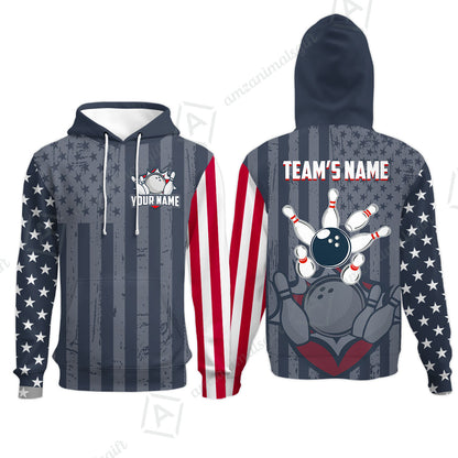 Customized Bowling Jersey Quarter-Zip Stand Collar Shirt, Bowling USA Flag Pattern Team Shirt For Men Women Bowlers