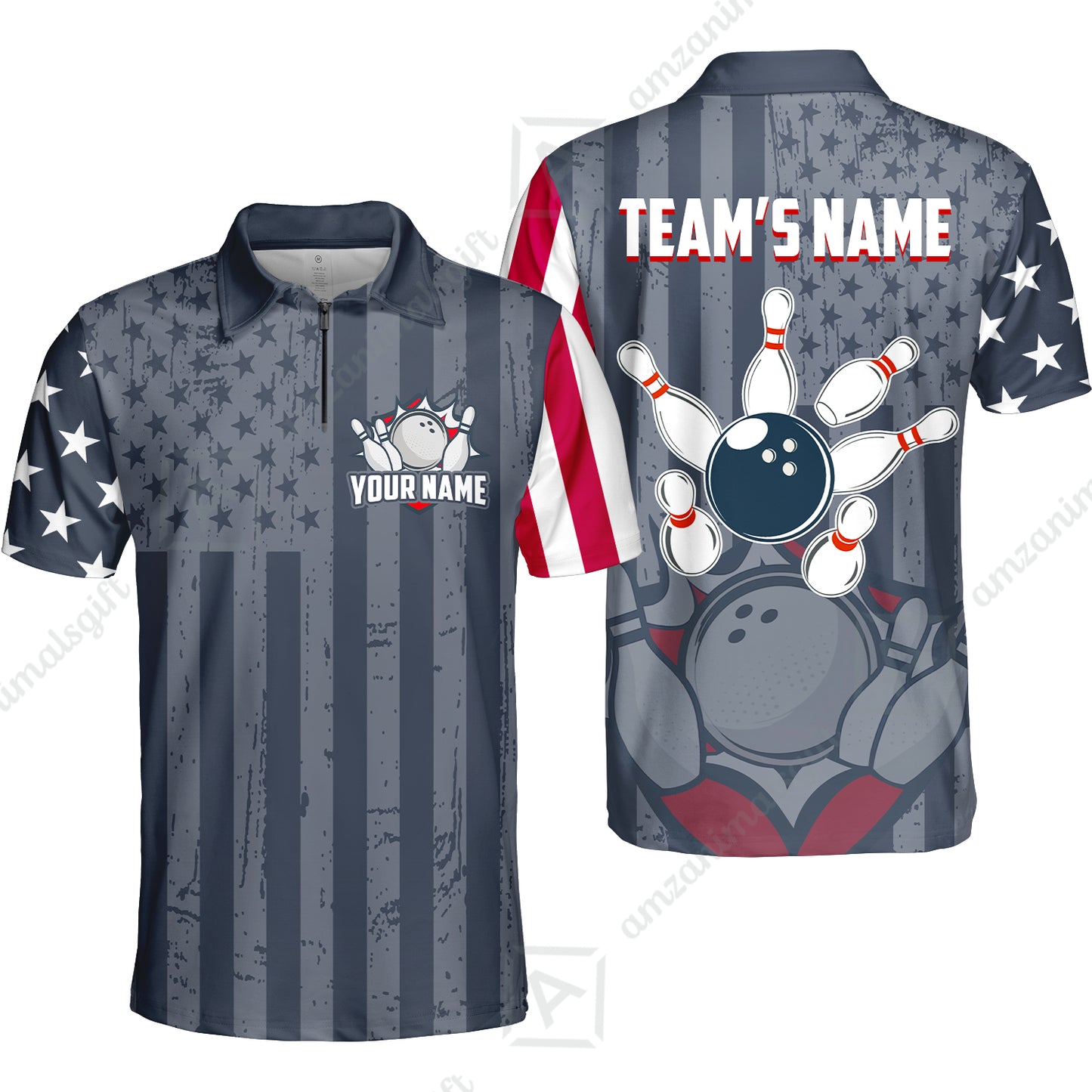 Customized Bowling Jersey Quarter-Zip Stand Collar Shirt, Bowling USA Flag Pattern Team Shirt For Men Women Bowlers