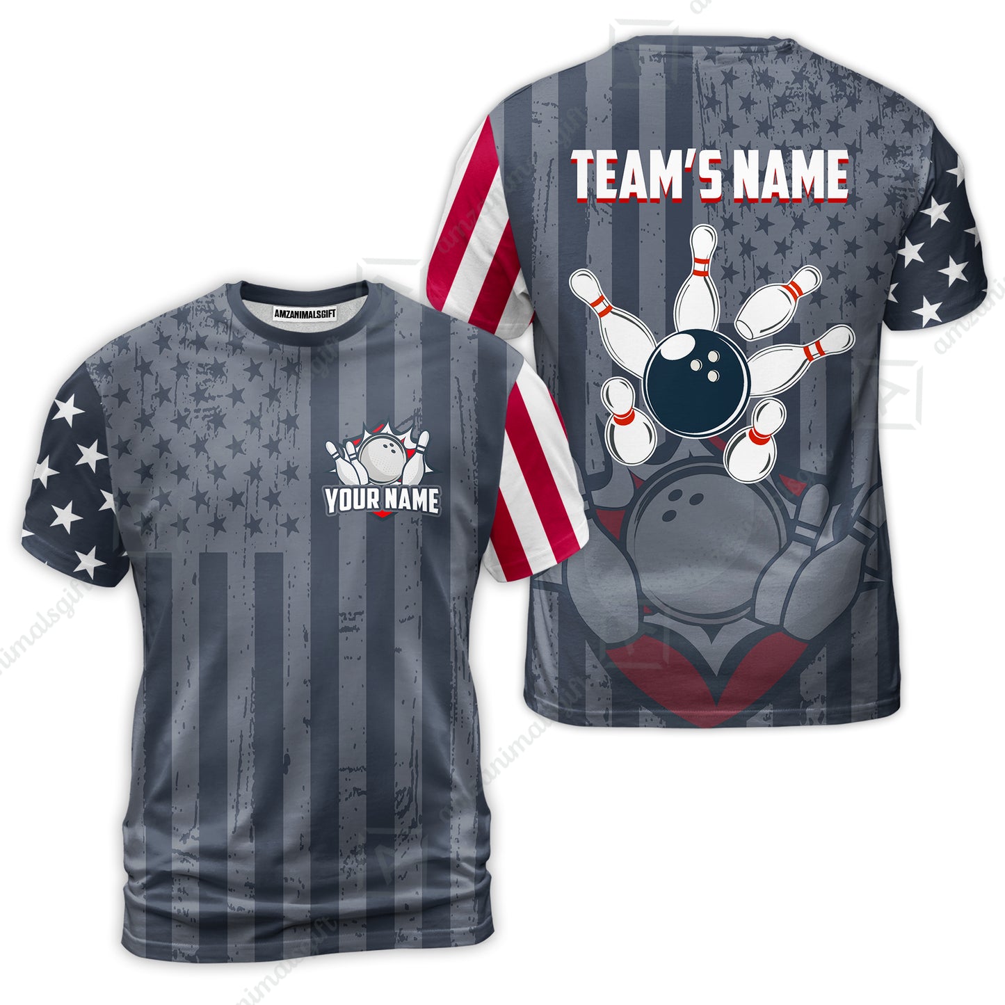 Customized Bowling Jersey Quarter-Zip Stand Collar Shirt, Bowling USA Flag Pattern Team Shirt For Men Women Bowlers