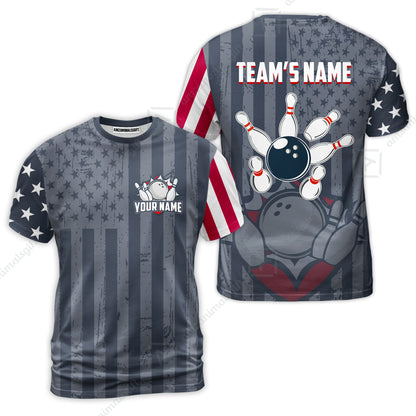 Customized Bowling Jersey Quarter-Zip Stand Collar Shirt, Bowling USA Flag Pattern Team Shirt For Men Women Bowlers