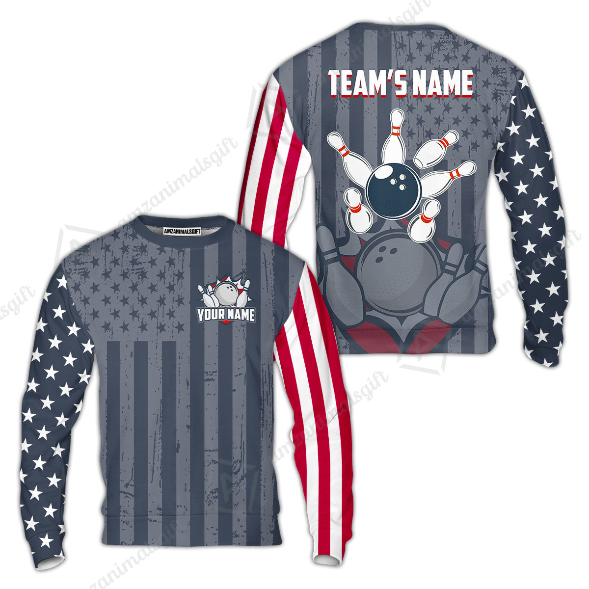 Customized Bowling Jersey Quarter-Zip Stand Collar Shirt, Bowling USA Flag Pattern Team Shirt For Men Women Bowlers