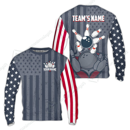 Customized Bowling Jersey Quarter-Zip Stand Collar Shirt, Bowling USA Flag Pattern Team Shirt For Men Women Bowlers