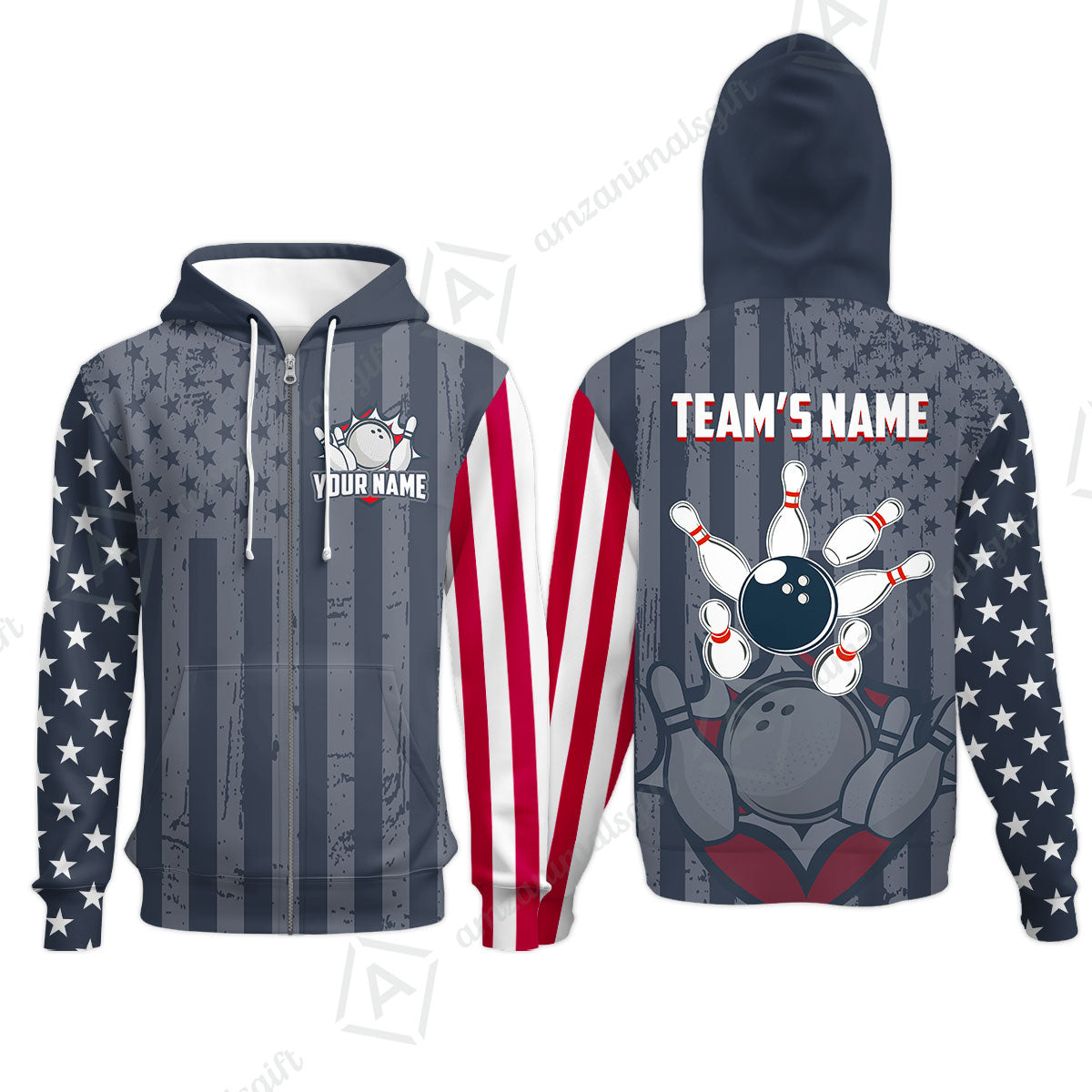 Customized Bowling Jersey Quarter-Zip Stand Collar Shirt, Bowling USA Flag Pattern Team Shirt For Men Women Bowlers
