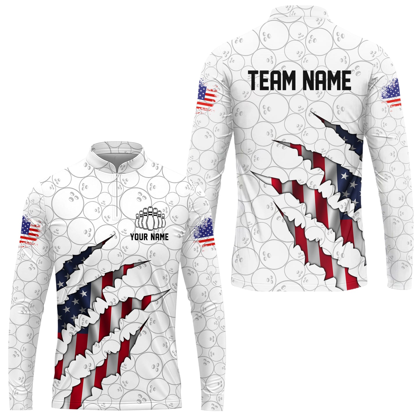 Personalized Bowling Quarter-Zip Jersey Shirt, Bowling American Flag Scratches Shirt For Patriotic Team Men Women Bowlers