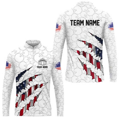 Personalized Bowling Quarter-Zip Jersey Shirt, Bowling American Flag Scratches Shirt For Patriotic Team Men Women Bowlers