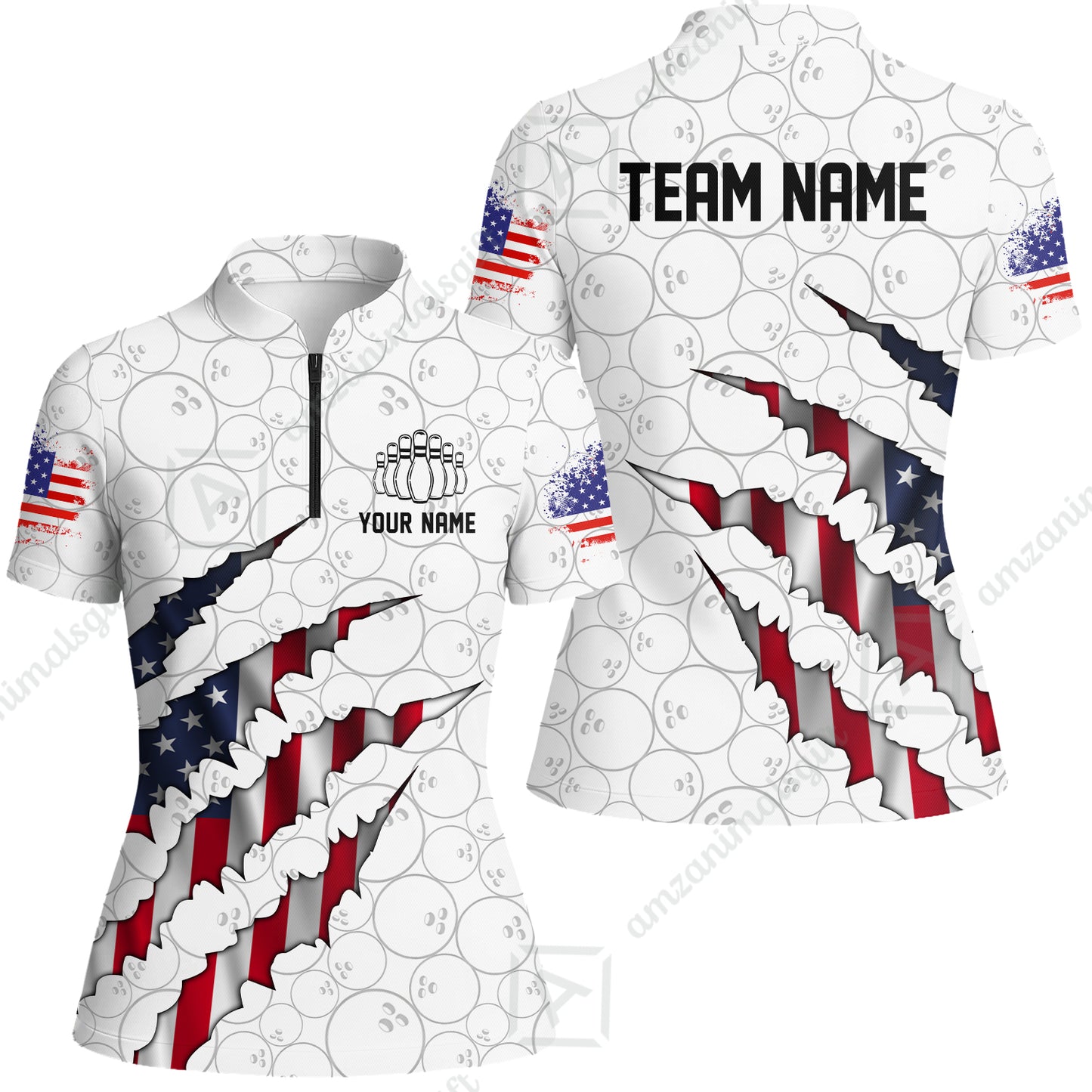Personalized Bowling Quarter-Zip Jersey Shirt, Bowling American Flag Scratches Shirt For Patriotic Team Men Women Bowlers
