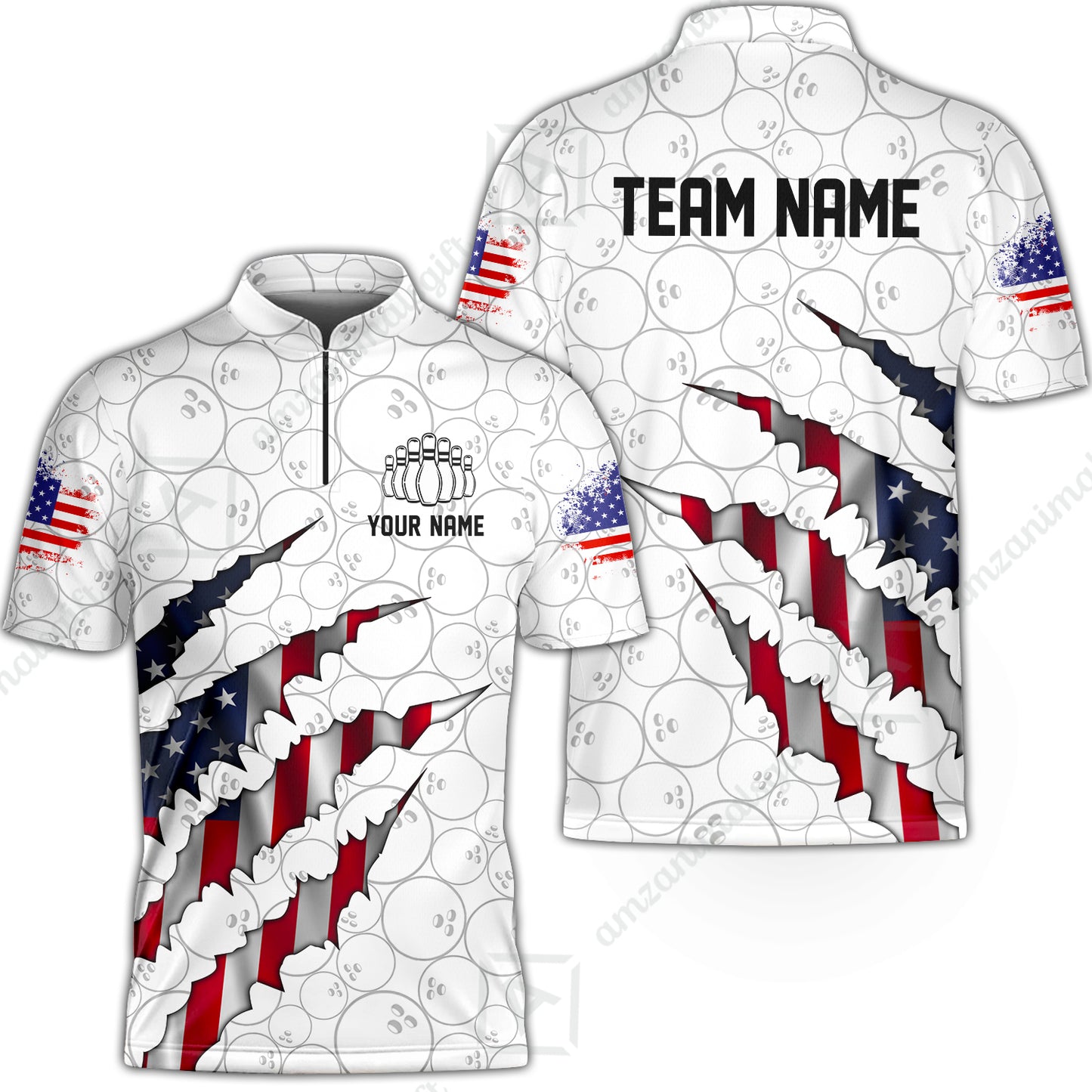 Personalized Bowling Quarter-Zip Jersey Shirt, Bowling American Flag Scratches Shirt For Patriotic Team Men Women Bowlers