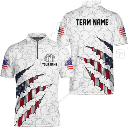 Personalized Bowling Quarter-Zip Jersey Shirt, Bowling American Flag Scratches Shirt For Patriotic Team Men Women Bowlers