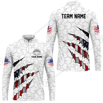 Personalized Bowling Quarter-Zip Jersey Shirt, Bowling American Flag Scratches Shirt For Patriotic Team Men Women Bowlers