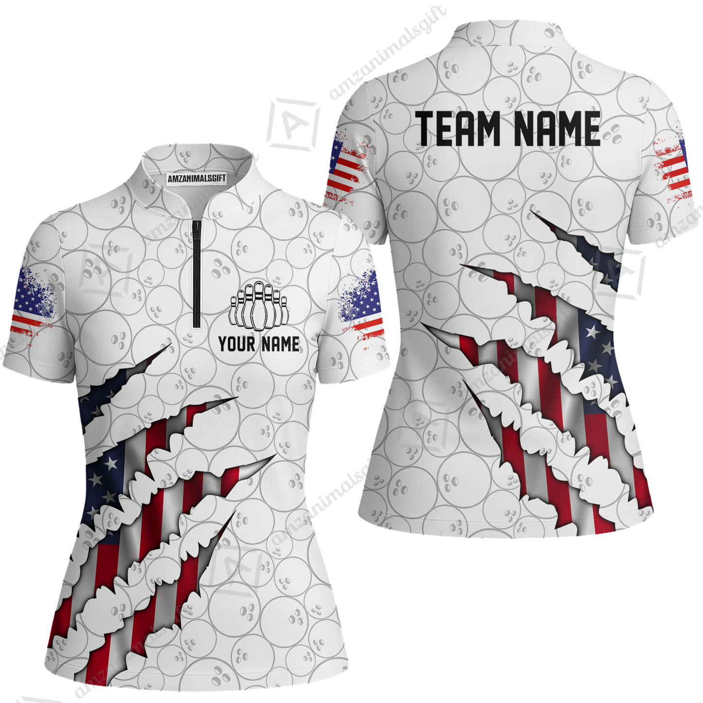 Personalized Bowling Quarter-Zip Jersey Shirt, Bowling American Flag Scratches Shirt For Patriotic Team Men Women Bowlers