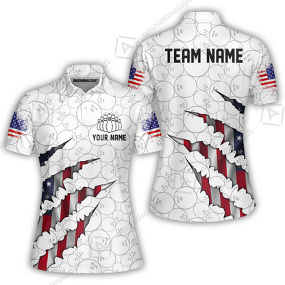Personalized Bowling Quarter-Zip Jersey Shirt, Bowling American Flag Scratches Shirt For Patriotic Team Men Women Bowlers