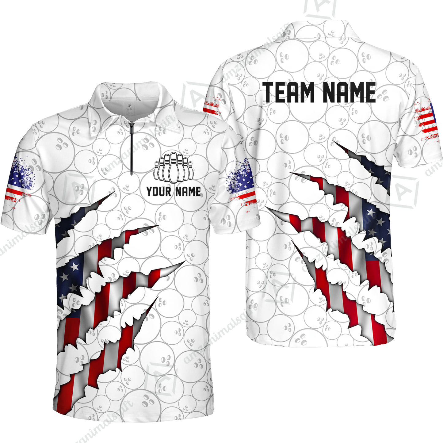 Personalized Bowling Quarter-Zip Jersey Shirt, Bowling American Flag Scratches Shirt For Patriotic Team Men Women Bowlers