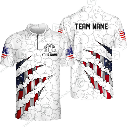 Personalized Bowling Quarter-Zip Jersey Shirt, Bowling American Flag Scratches Shirt For Patriotic Team Men Women Bowlers