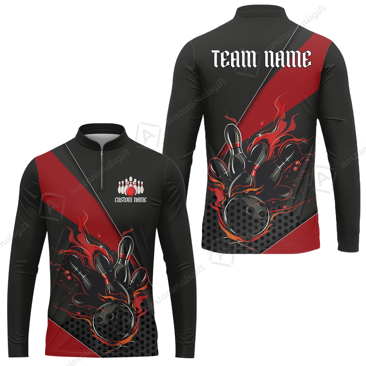 Customized Bowling Quarter-Zip Jersey Polo Shirts, Flaming Bowling Pins Esport Black Red Shirt For Tournament Team Men Women Bowlers
