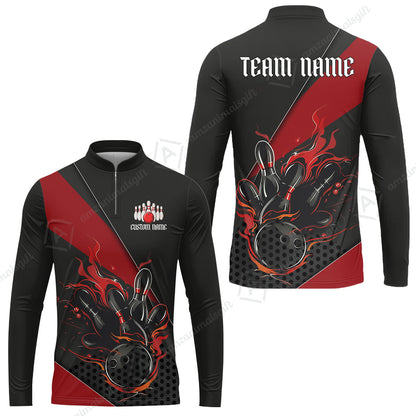 Customized Bowling Quarter-Zip Jersey Polo Shirts, Flaming Bowling Pins Esport Black Red Shirt For Tournament Team Men Women Bowlers