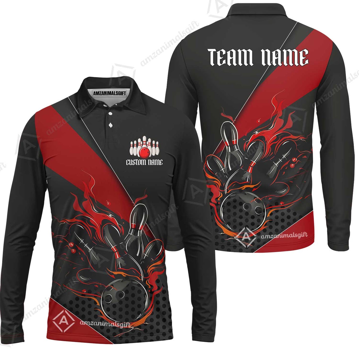 Customized Bowling Quarter-Zip Jersey Polo Shirts, Flaming Bowling Pins Esport Black Red Shirt For Tournament Team Men Women Bowlers