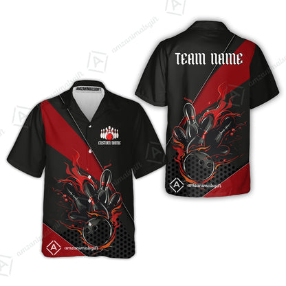 Customized Bowling Quarter-Zip Jersey Polo Shirts, Flaming Bowling Pins Esport Black Red Shirt For Tournament Team Men Women Bowlers